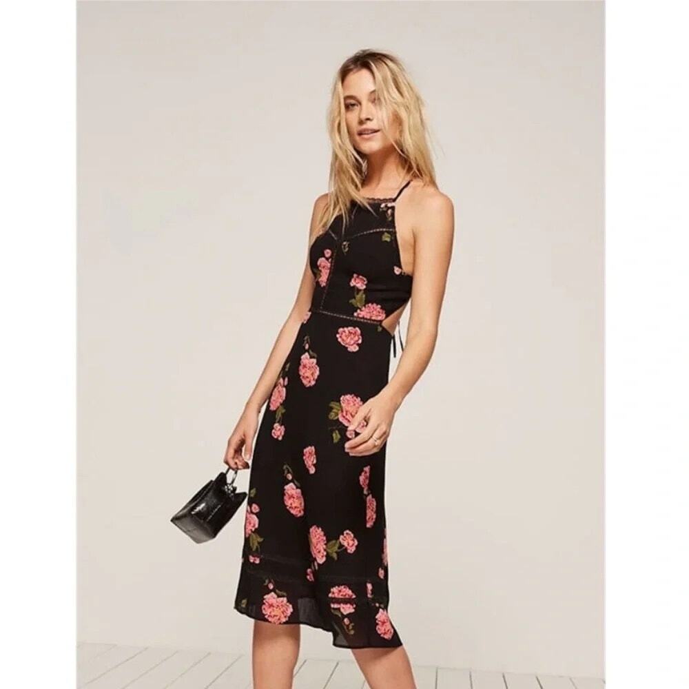 Reformation Rare Roma Black Pink Floral Open Back Lace Halter Midi Dress 4/6